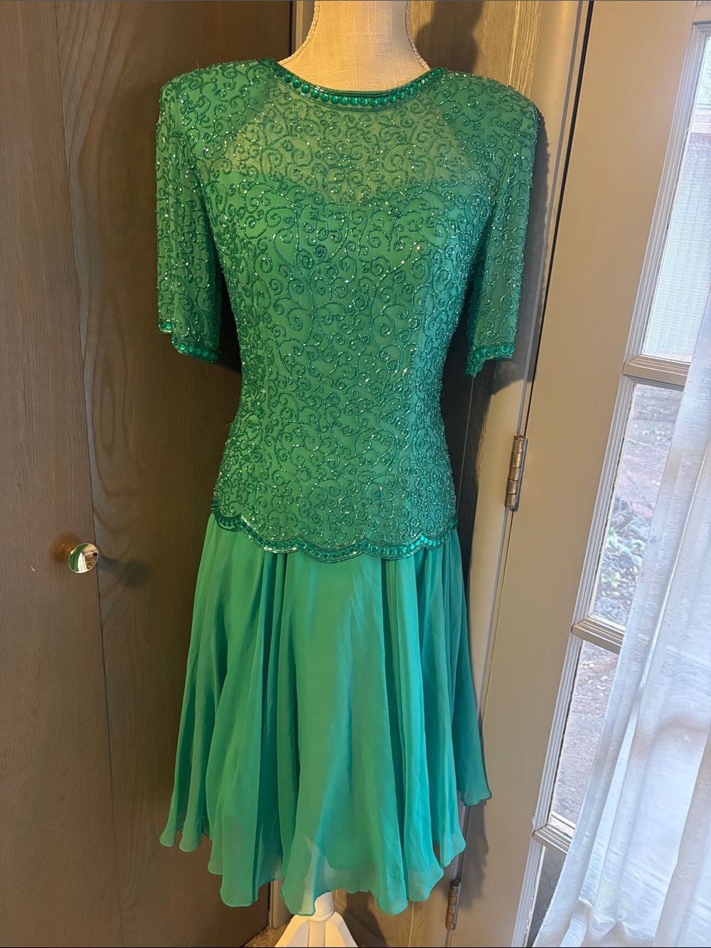 Vintage De Oscar Emerald Green Beaded Dress Formal Party 80s Golden Girls Sequin